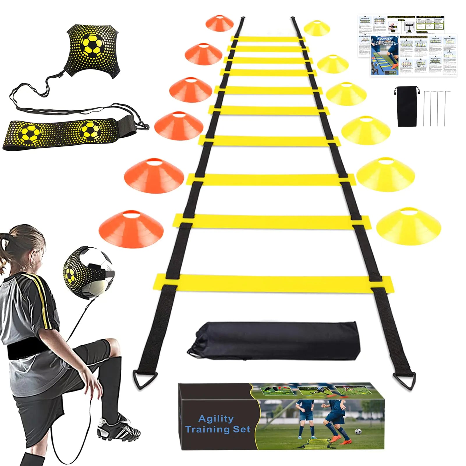YGORTECH Soccer Agility Training Equipment Set Soccer Accessories 20 ft Agility Ladder 12 Sports Cones Solo Soccer Trainer Footwork Drills For Kids And Adults Equipment Boy