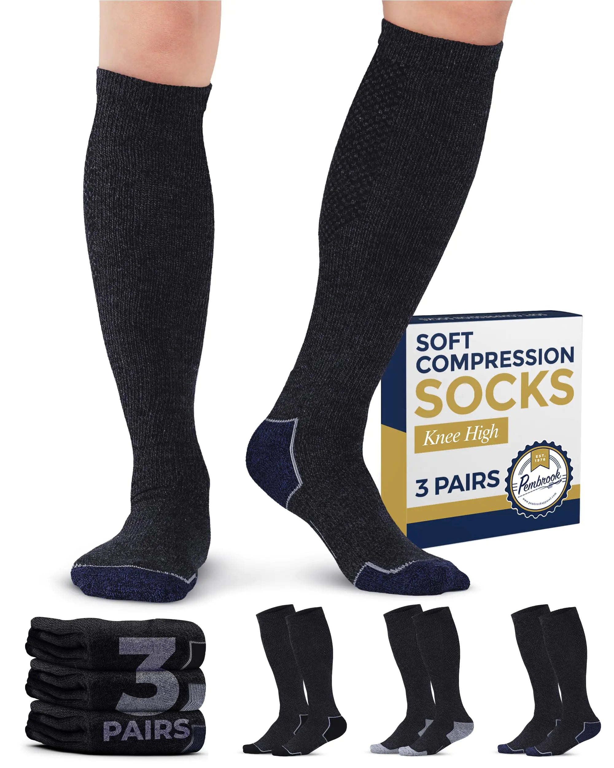Pembrook Compression Socks for Men - 3 Pack | Compression Socks for Flying Athletics Work | Graduated Men Compression Socks | Athletic Compression Socks for Men 9-12 | Blue Black Light Gray 3pk