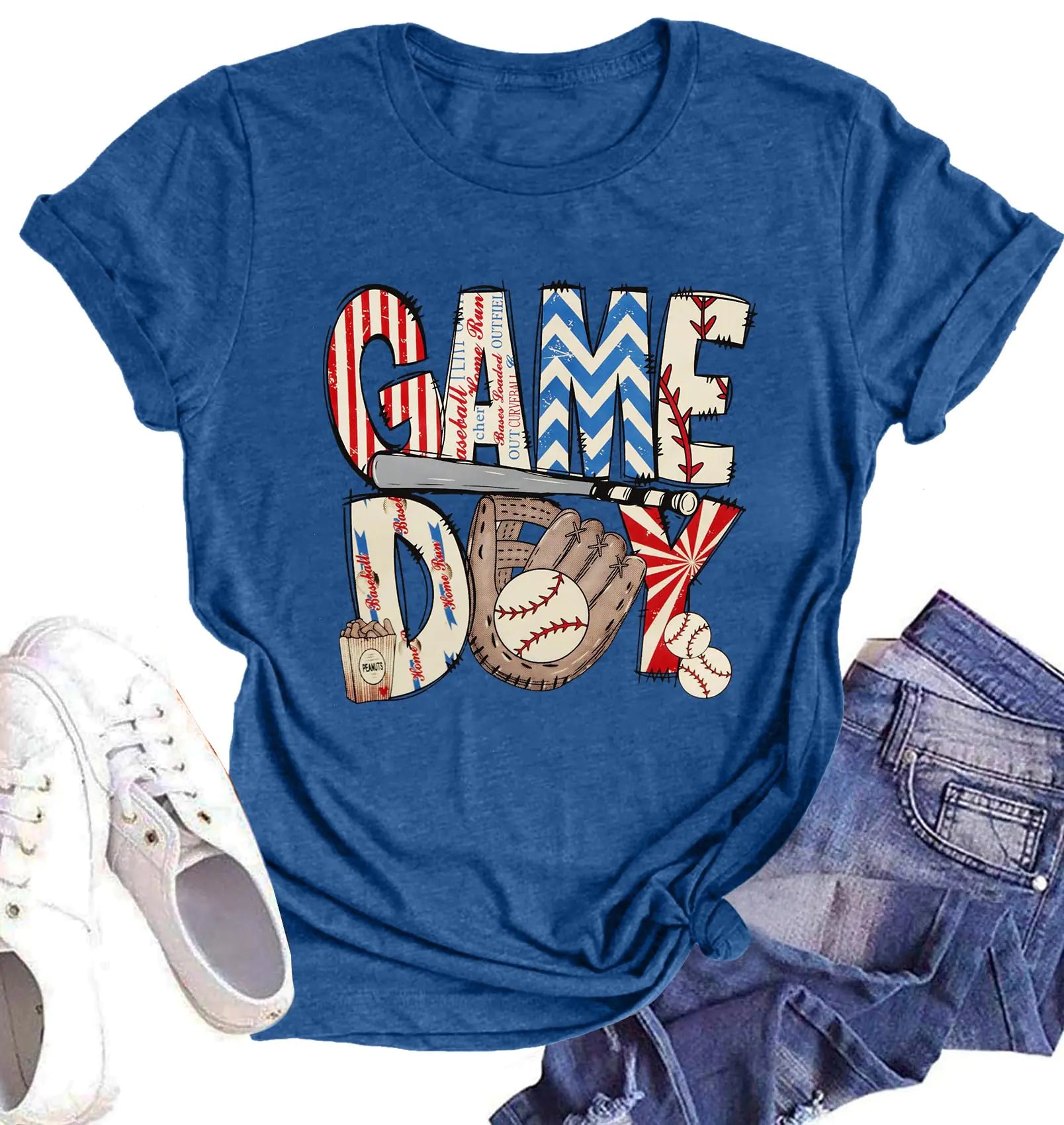 Baseball Game Day Shirt Women: Funny Baseball Mom Shirt Baseball Graphic Tee Casual Short Sleeve Tops (Blue1 Large)