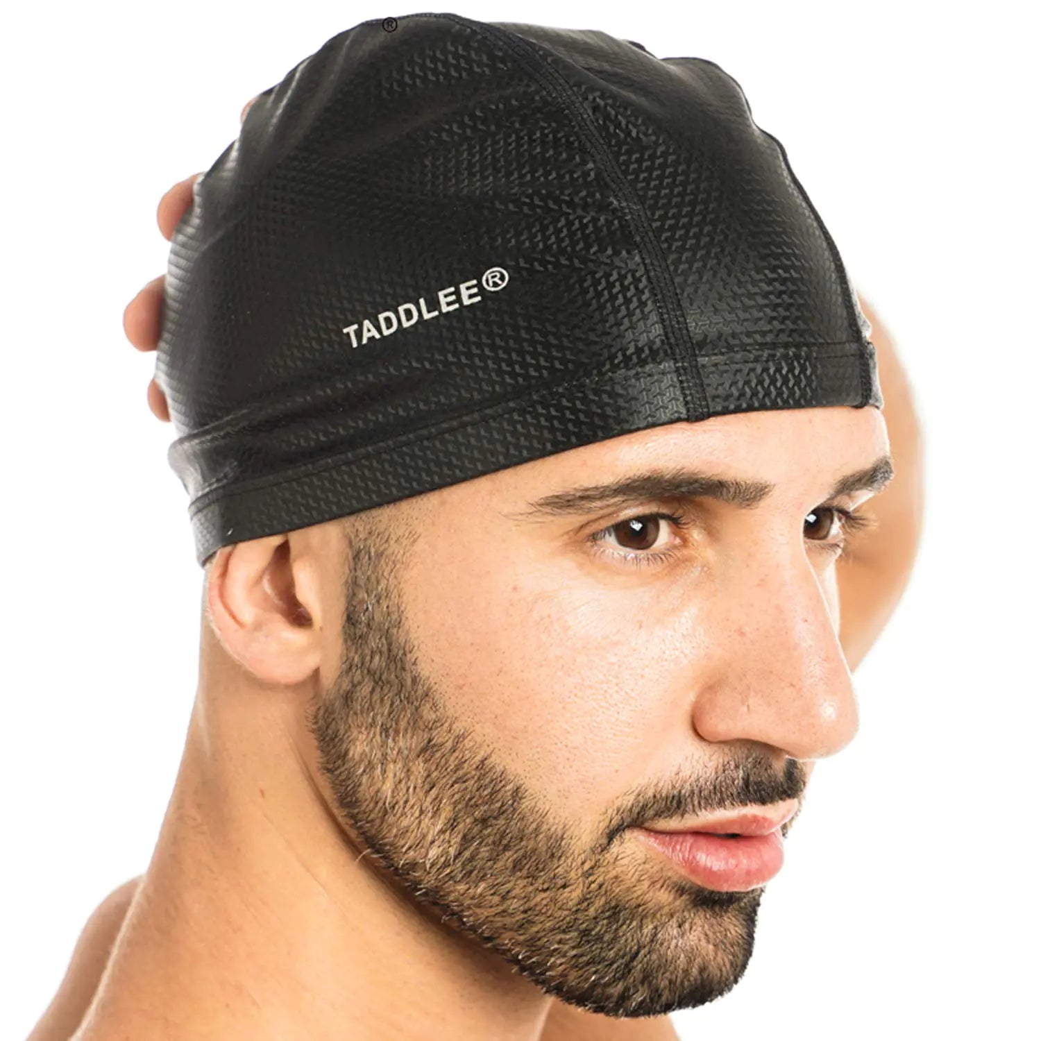 Taddlee Men Swim Cap PU Fabric Silicone Bathing Swimming Hat Pool Waterproof Sports Adult Swim Wear Accessories Large Size Outdoor (Black)