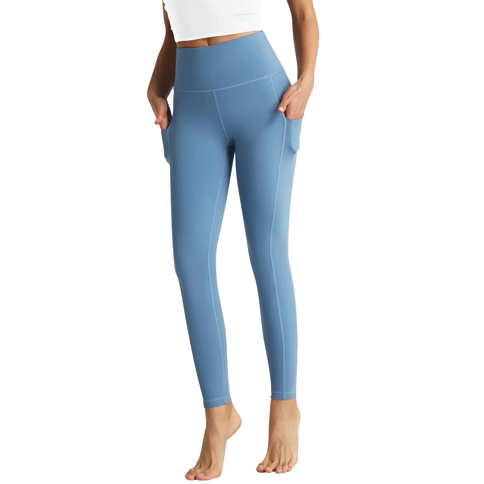 RIMLESS 7 Cotton High Waist Yoga Pants with Pockets Tummy Control Workout 7/8 Leggings Running Athletic Compression Pants P30-Ocean Blue-XL